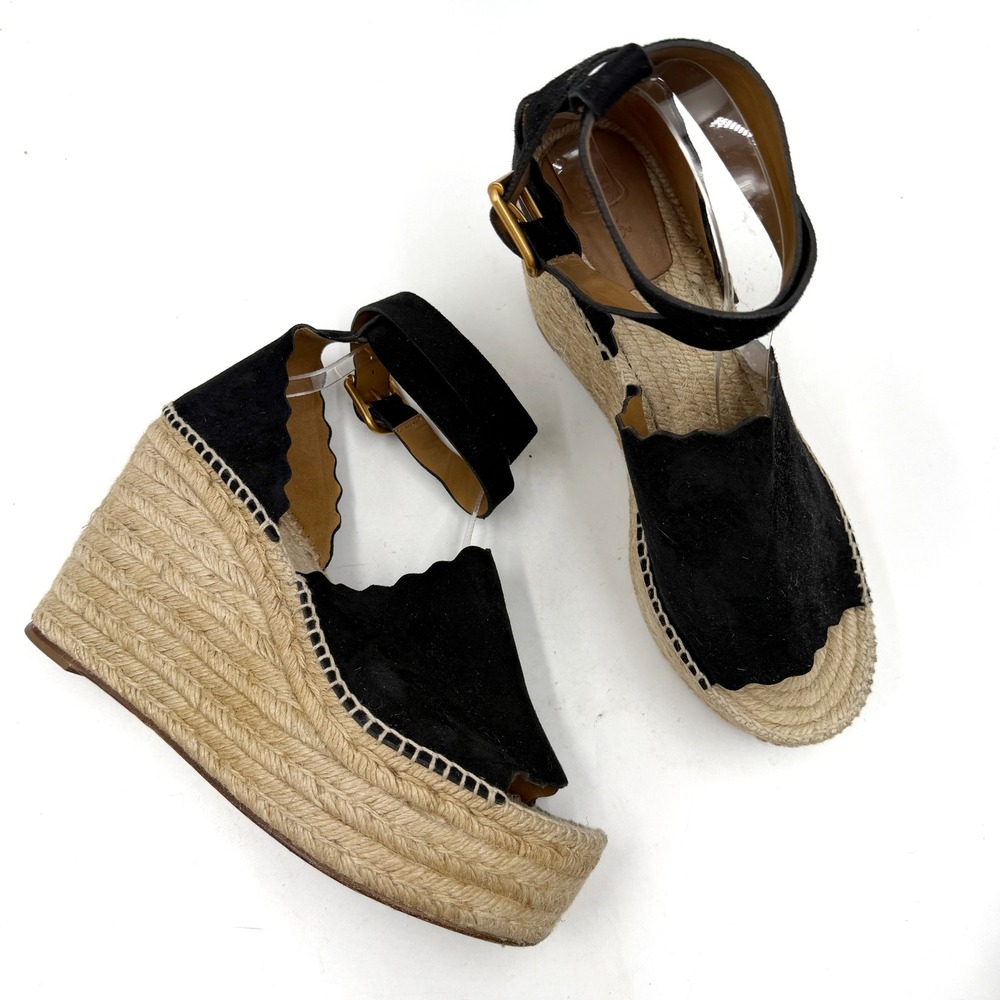 Chloe Lauren Wedge Espadrille Sandals Black Suede Scalloped Women Sz 41 / 11